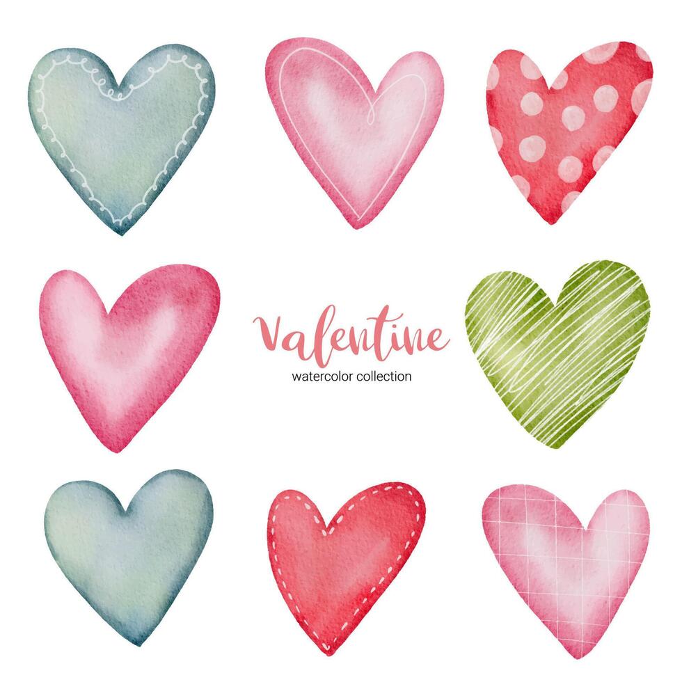 Collection multicolor Hearts illustration. Hand drawn Brush floral painting. Valentine's day romantic style. vector