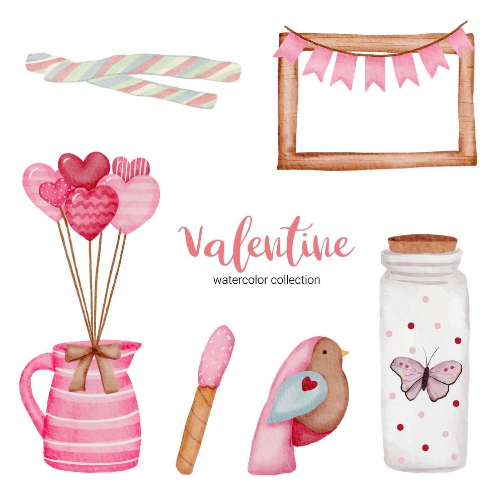 Día de San Valentín establece elementos, marco, tarro, pájaro y más. plantilla para kit de pegatinas, saludo, felicitaciones, invitaciones, planificadores. ilustración vectorial vector