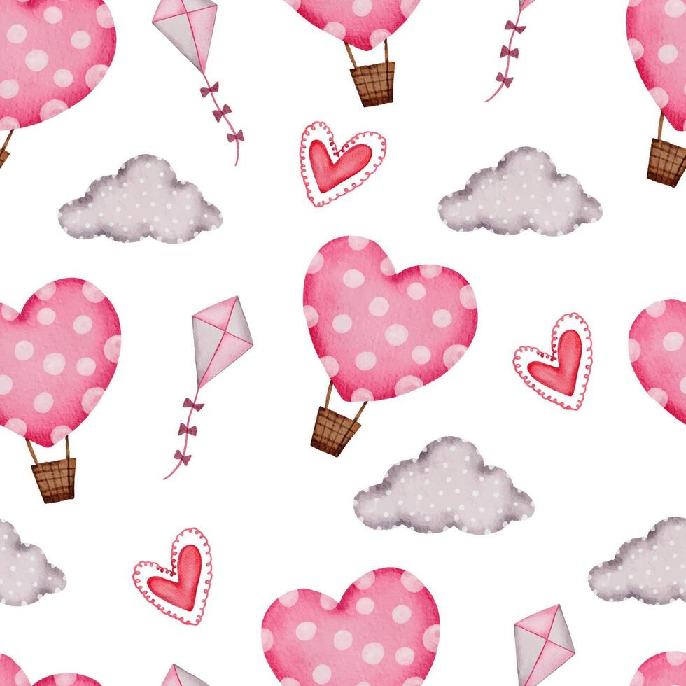 Valentine seamless pattern with air balloon, cloud and hearts. Perfect for wallpaper, web page background, textile, greeting cards and wedding invitations vector