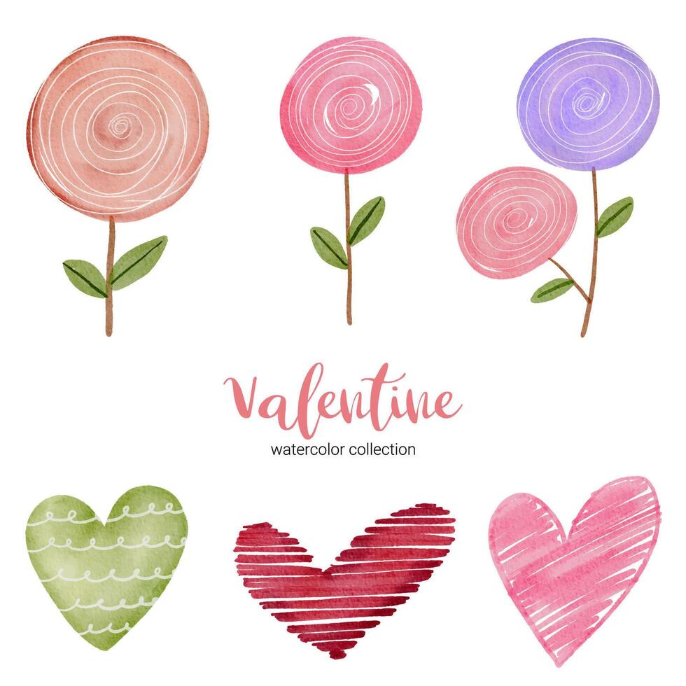 Collection multicolor Hearts and candy flowers illustration. Hand drawn Brush floral painting. Valentine's day romantic style. vector