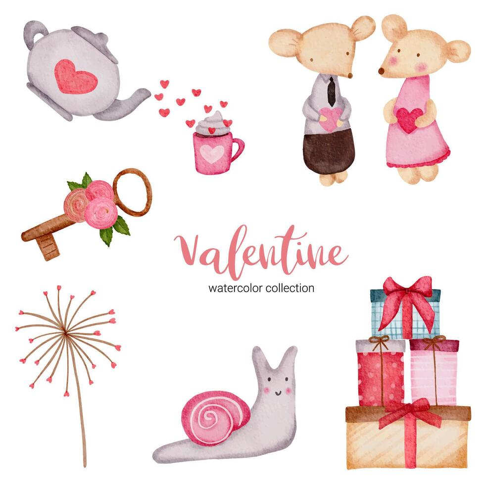 Valentines Day set elements snail, tea pot, gifts and more. Template for Sticker kit, Greeting, Congratulations, Invitations, Planners. Vector illustration