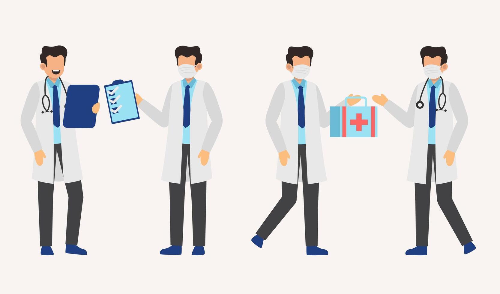 Set of male doctor in cartoon character and different action vector