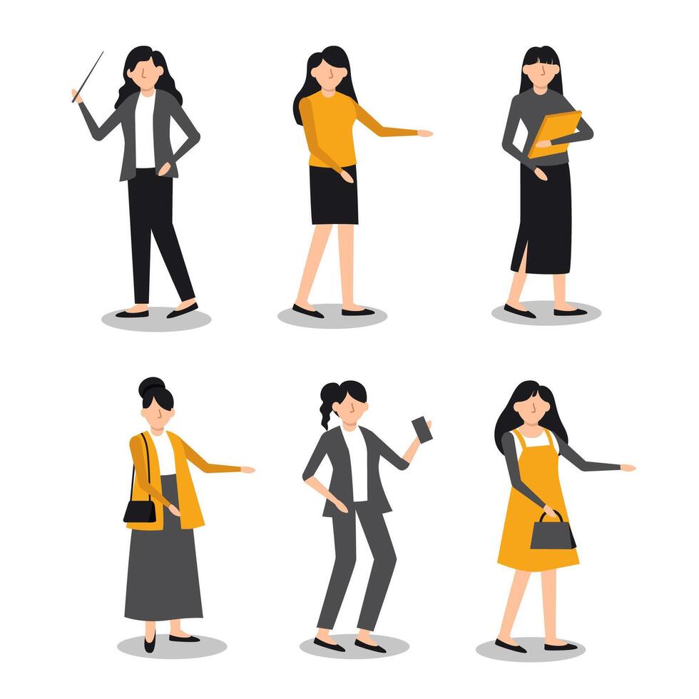 Set of woman in cartoon characters with different gesture flat vector