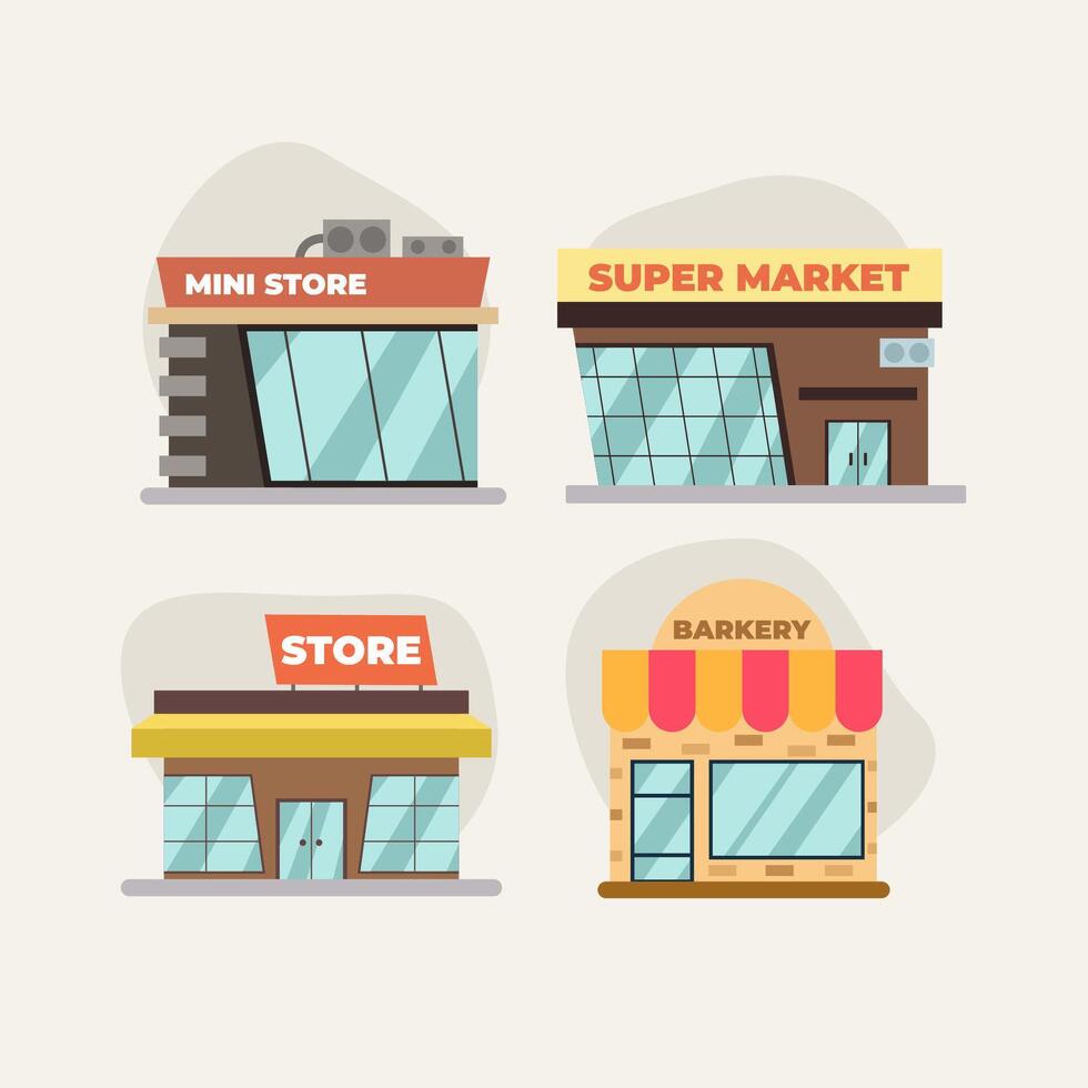 Front view Set of shop and super store flat  vector illustration