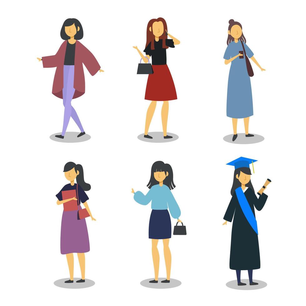 Conjunto de mujer en personajes de dibujos animados con vector plano de gesto diferente