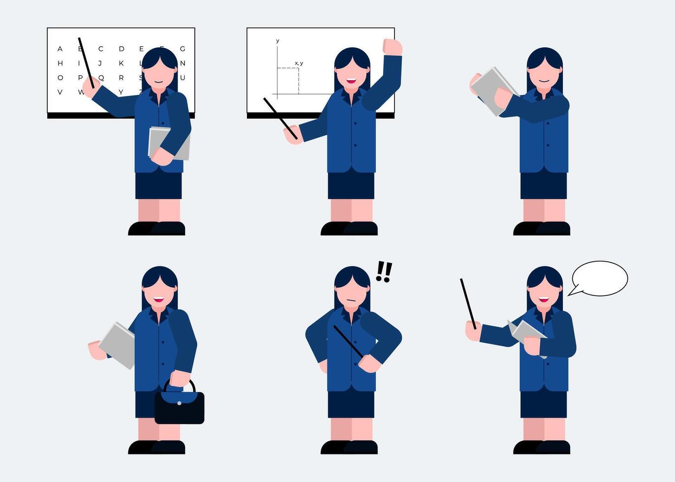 Set of female teacher in cartoon characters flat vector