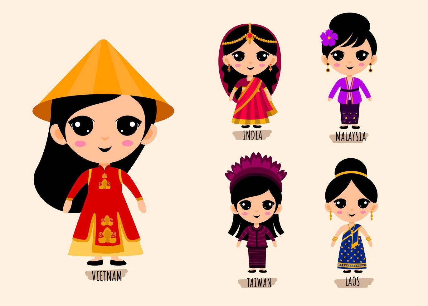 Set Of woman In Traditional Asian Clothing cartoon characters vector