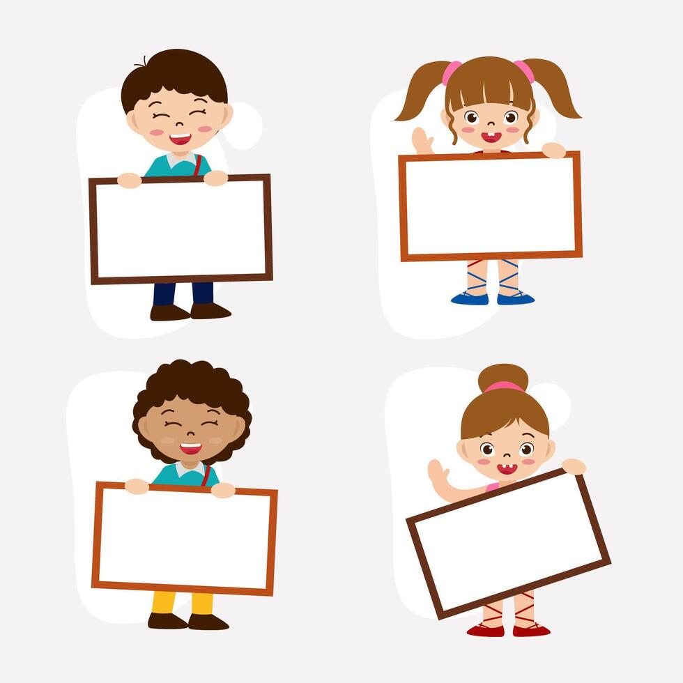 Set of people holding blank board in cartoon character flat vector