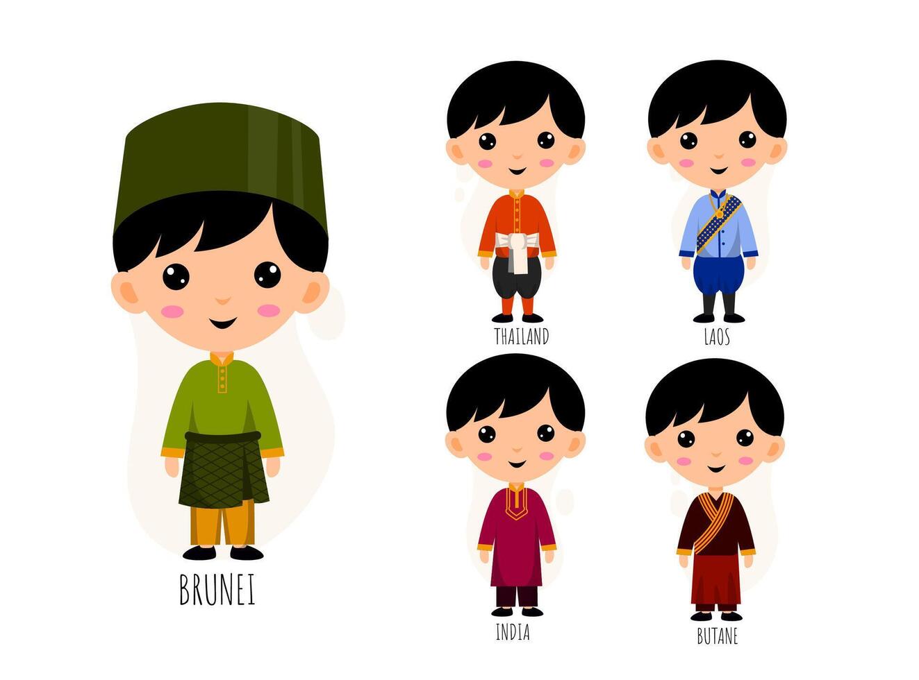 Set Of  Man In Traditional Asian Clothing cartoon characters vector