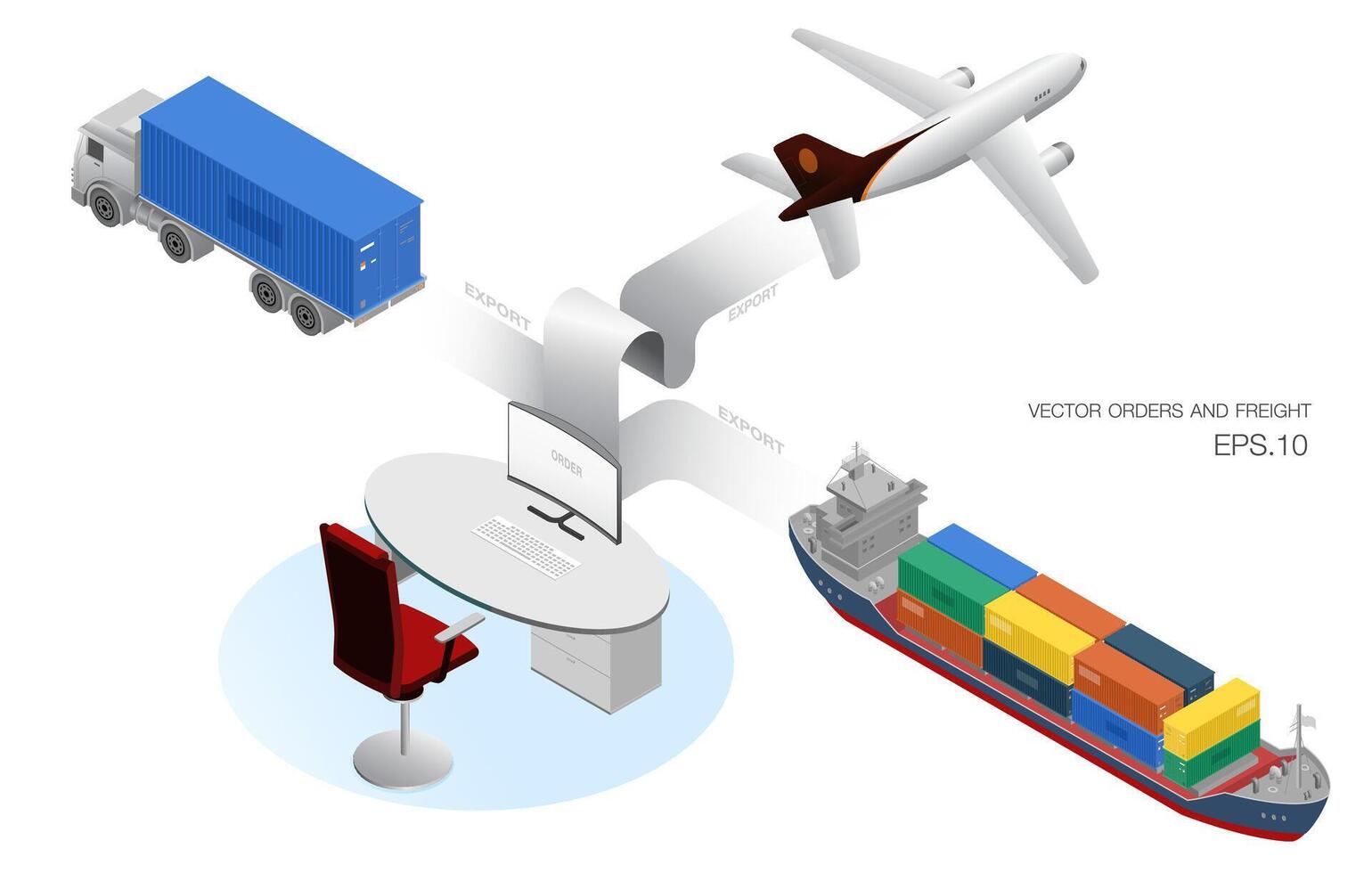 concepto de vector plano de logística isométrica. pedido y exportación., contenedores, envío de carga, envío marítimo, carga aérea y vehículos para transporte de carga, ilustración 3d, renderizado 3d