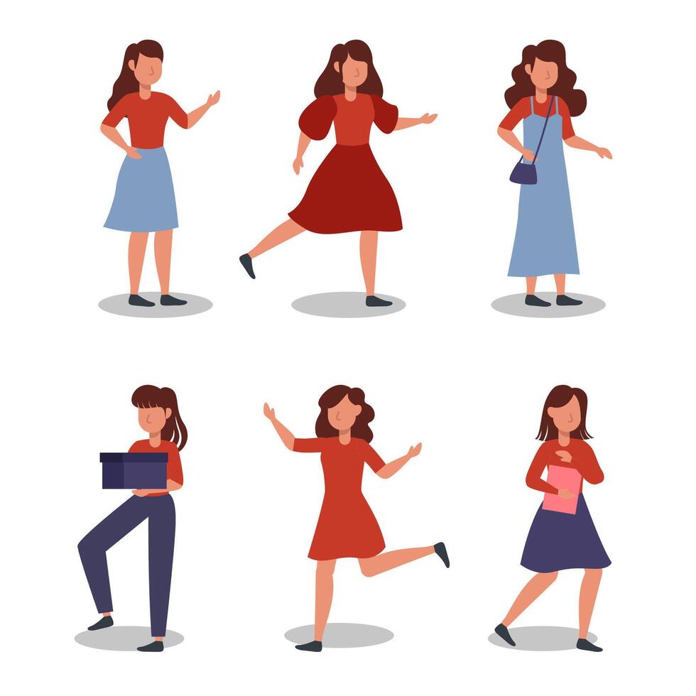 Set of woman in cartoon characters with different gesture flat vector