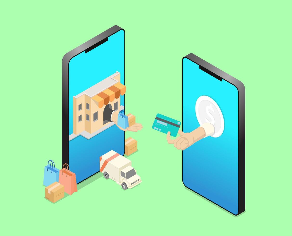 Big Isolated Vector of e-commerce, Shopping Online, Shopping global on Mobile Application, payment Online and getting delivery, 3d illustration, 3d rendering