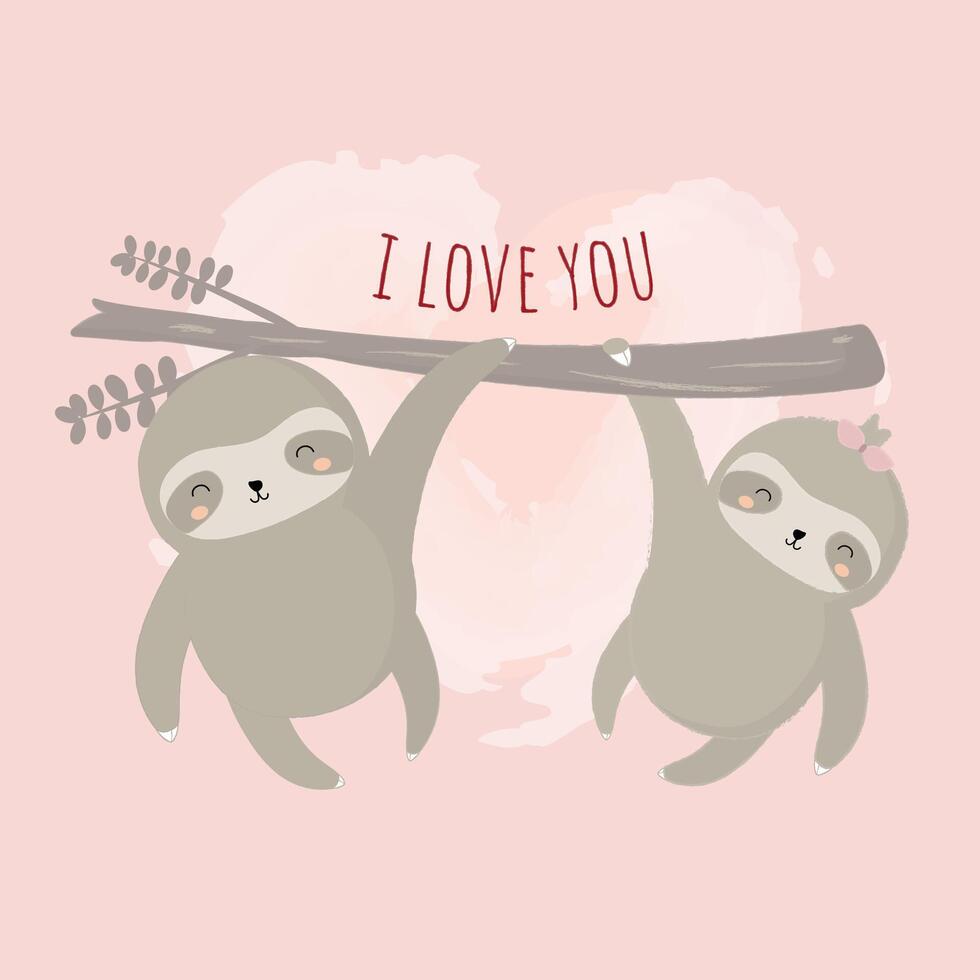 Cute cartoon animals Sloth Bear holding a tree branch vector print. Vector poster for children with cute animals. valentines day.