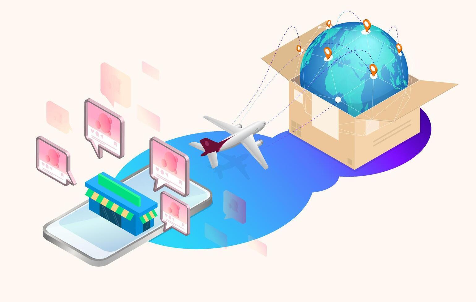 Big Isolated Vector of e-commerce, Shopping Online, Shopping global on Mobile Application, payment Online and getting delivery, 3d illustration, 3d rendering