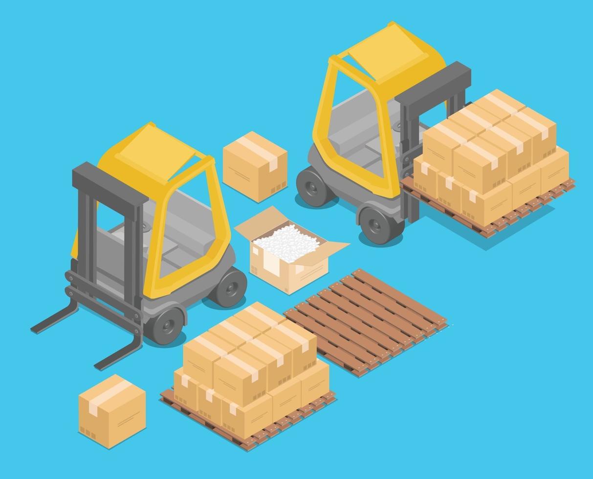Isometric forklift for raising and transporting goods., storage racks.,pallets with goods for infographics, 3d illustration, 3d rendering vector