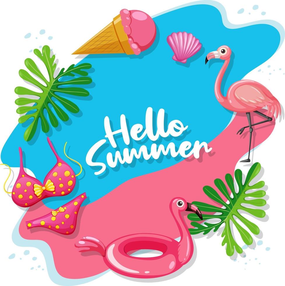 hola verano logo banner con artículos de playa vector