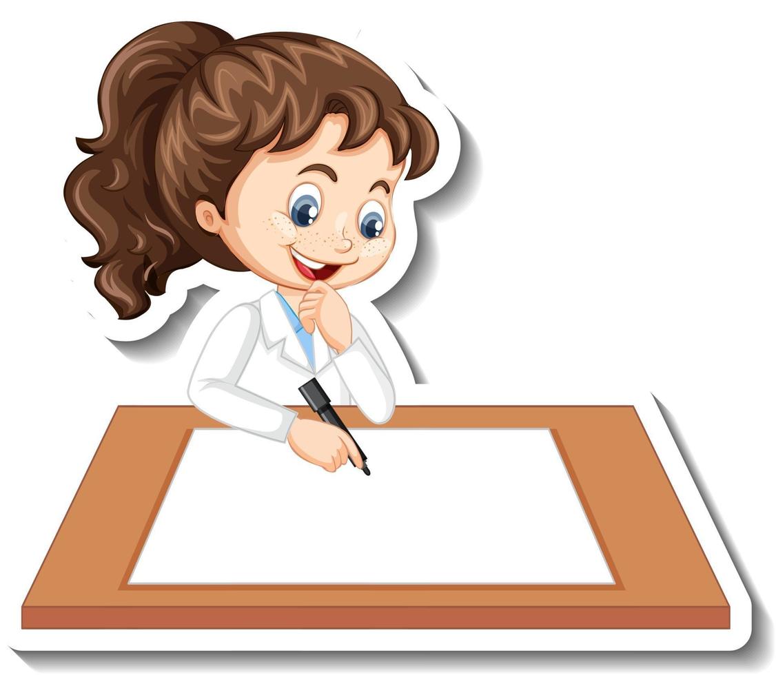 Pegatina de personaje de dibujos animados con una niña escribiendo en papel  en blanco 2918126 Vector en Vecteezy