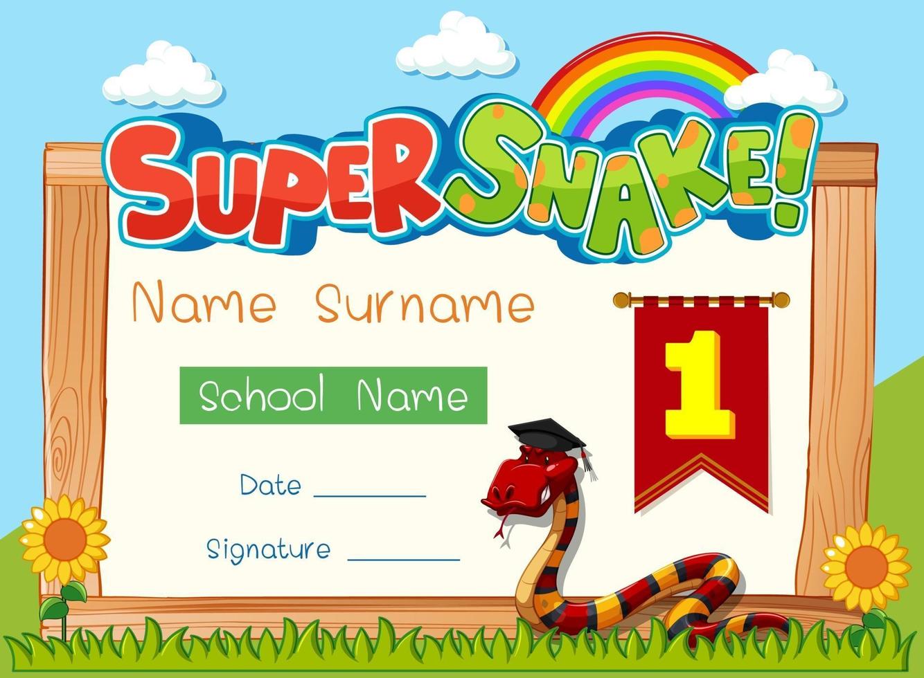 Diploma or certificate template for school kids with super snake cartoon character vector