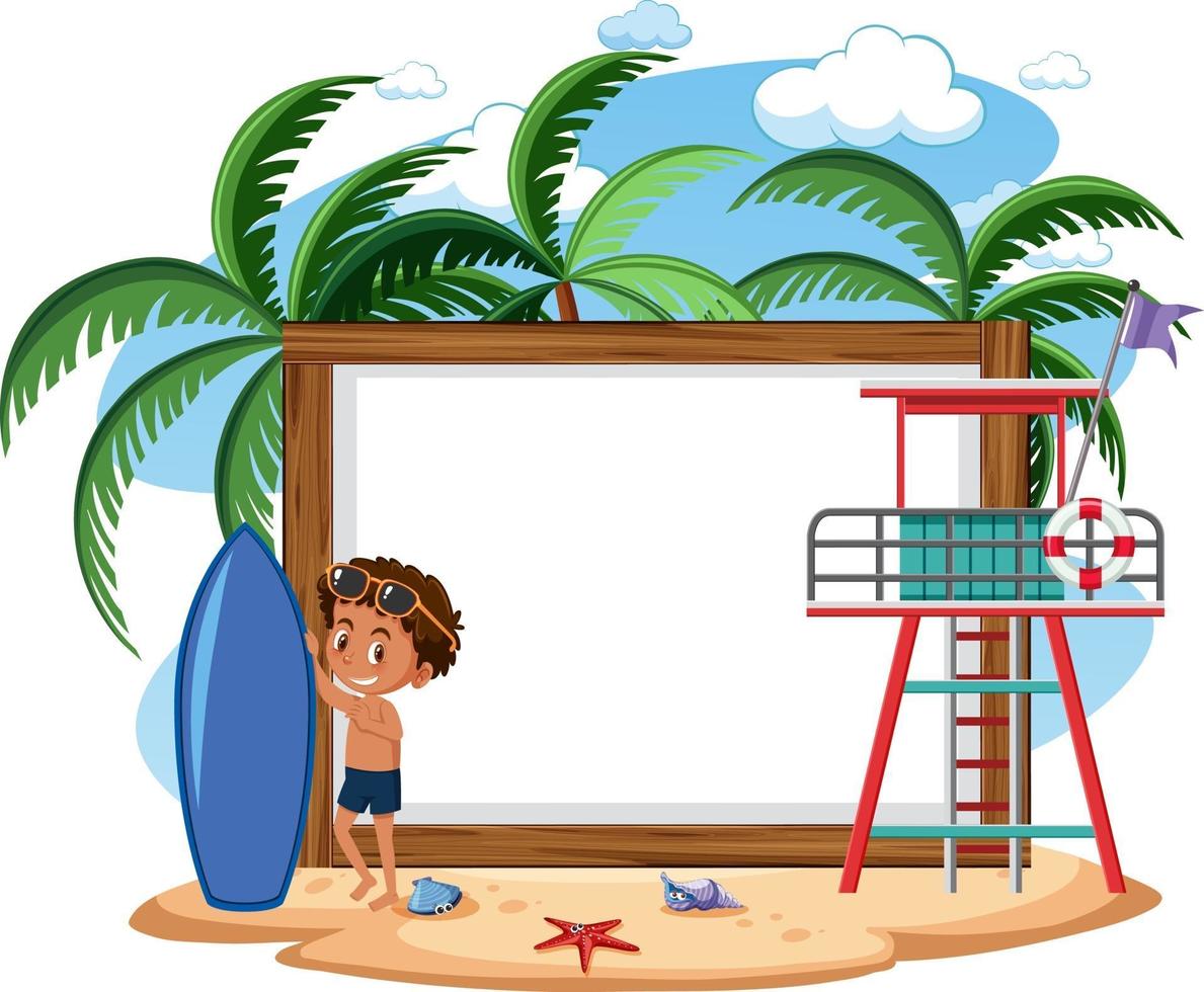 Plantilla de banner vacío con carácter de niños en vacaciones de verano en la playa sobre fondo blanco. vector