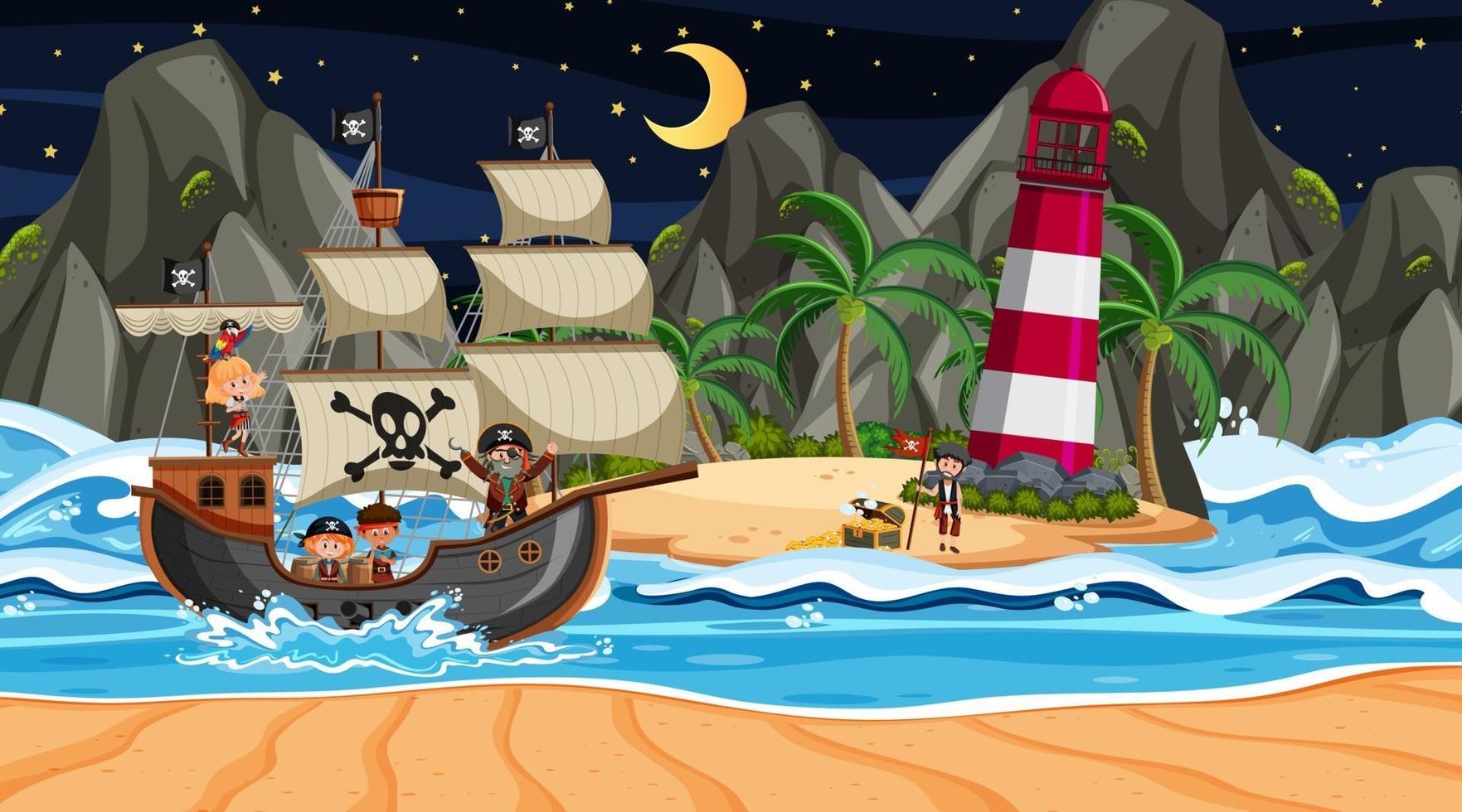 playa con barco pirata en la escena nocturna en estilo de dibujos animados vector