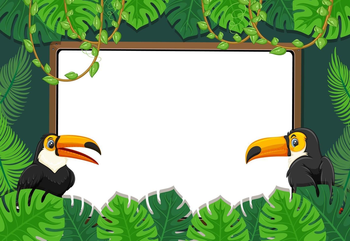 Banner vacío con marco de hojas tropicales y personaje de dibujos animados de tucán vector
