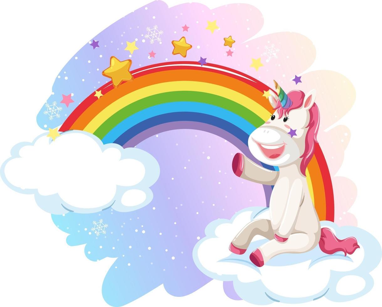 lindo unicornio en el cielo pastel con arcoiris vector
