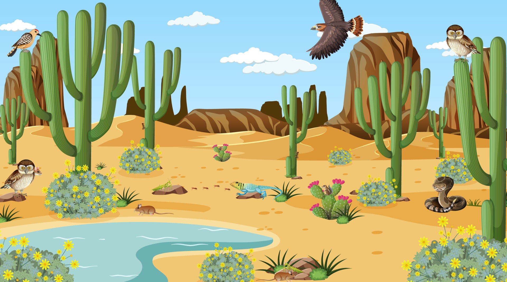 Desert forest landscape at daytime scene with desert animals and plants 2918163 Vector Art at Vecteezy Desert forest landscape at daytime scene with desert animals and plants 2918163 Vector Art at Vecteezy