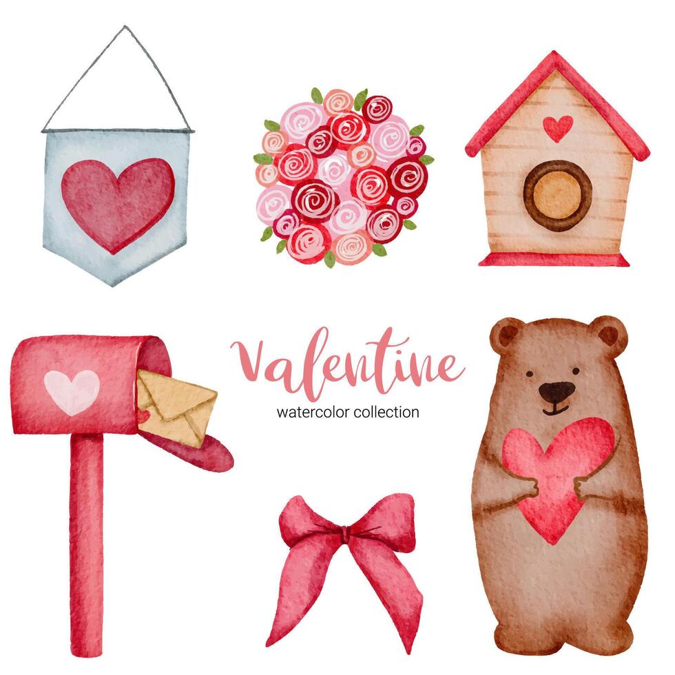 Valentines Day set elements roses, ribbon, heart, mail box and more. Template for Sticker kit, Greeting, Congratulations, Invitations, Planners. Vector illustration