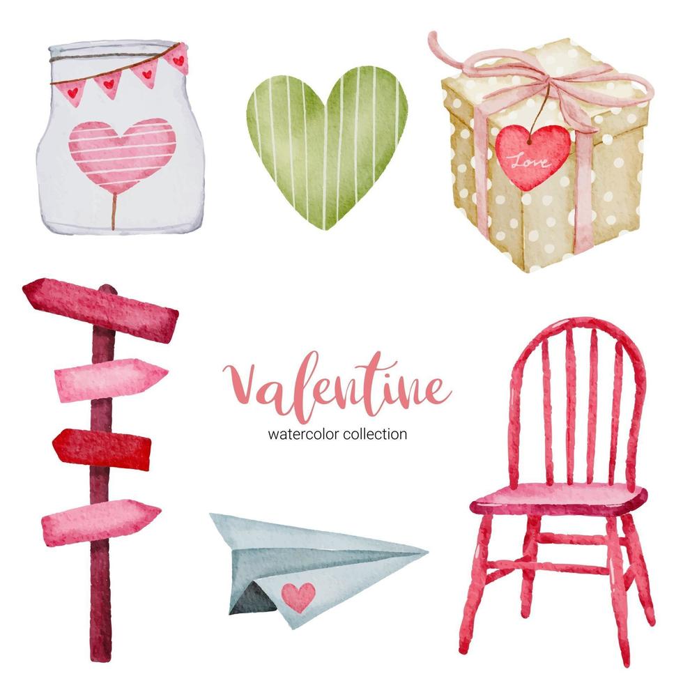 Valentines Day set elements chair, paper plane, gift and more. Template for Sticker kit, Greeting, Congratulations, Invitations, Planners. Vector illustration