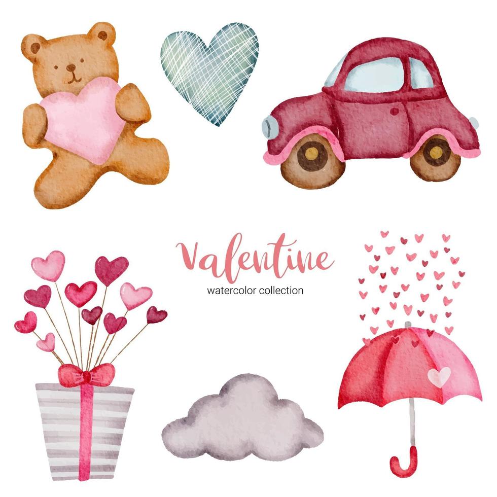 Valentines Day set elements cloud, teddy, heart, gift box and more. Template for Sticker kit, Greeting, Congratulations, Invitations, Planners. Vector illustration