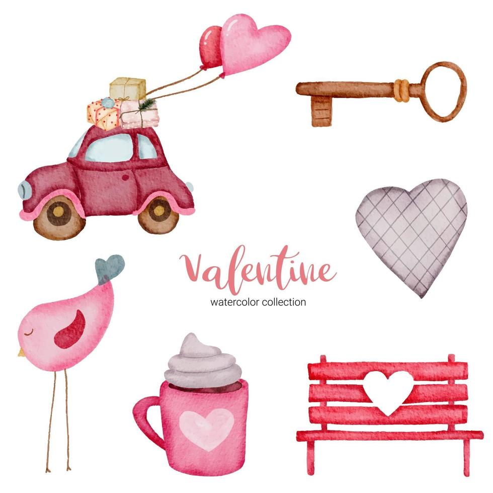 Valentines Day set elements bird, car, bench, key and more. Template for Sticker kit, Greeting, Congratulations, Invitations, Planners. Vector illustration