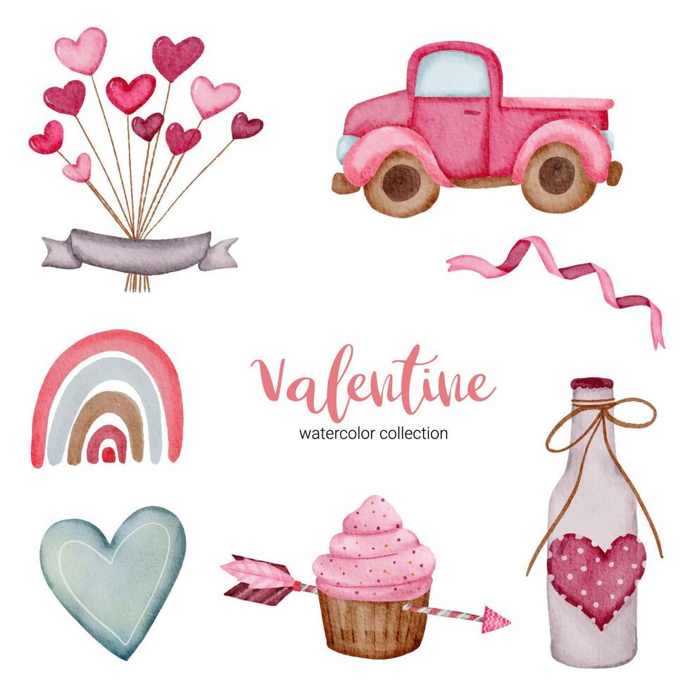 Valentines Day set elements cup cake, car, heart and more. Template for Sticker kit, Greeting, Congratulations, Invitations, Planners. Vector illustration