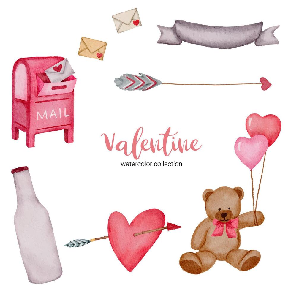 Valentines Day set elements balloons, arrow, heart, teddy and more. Template for Sticker kit, Greeting, Congratulations, Invitations, Planners. Vector illustration