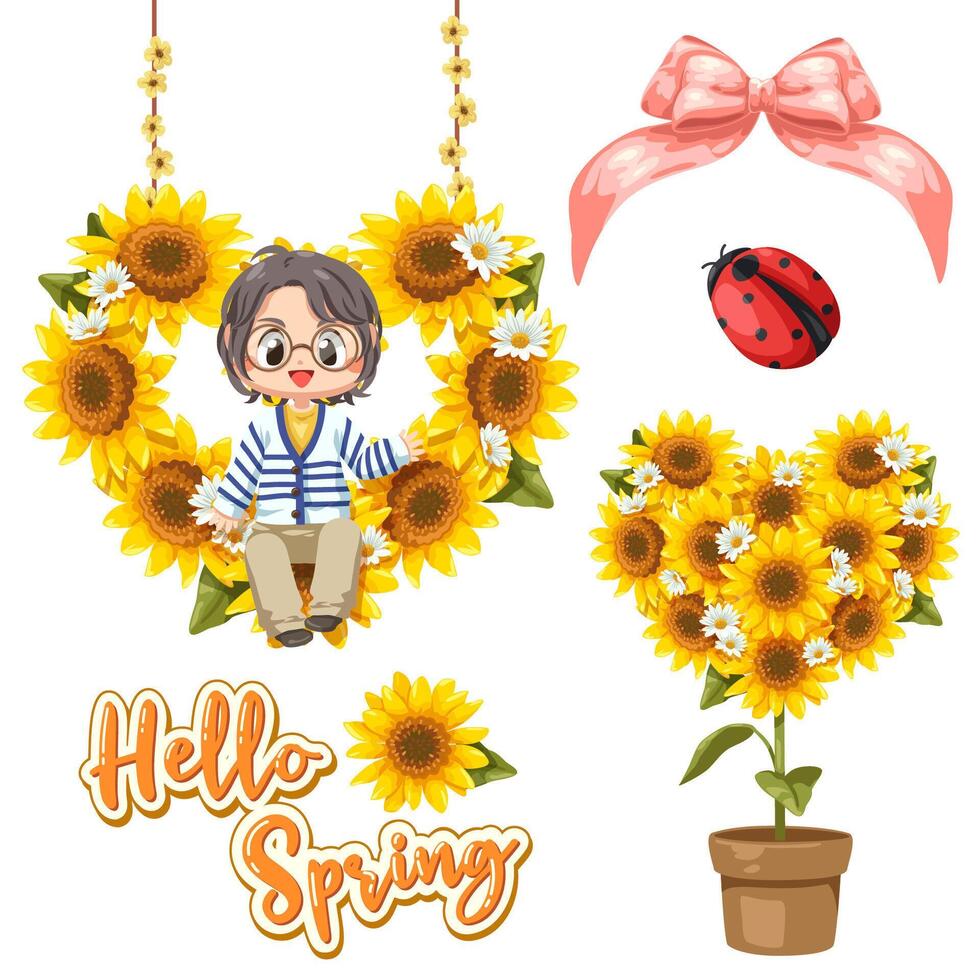 A little boy is sitting on a Collection of heart shape sunflower frame with ribbon. Welcome spring greeting card. Vector illustration concept design