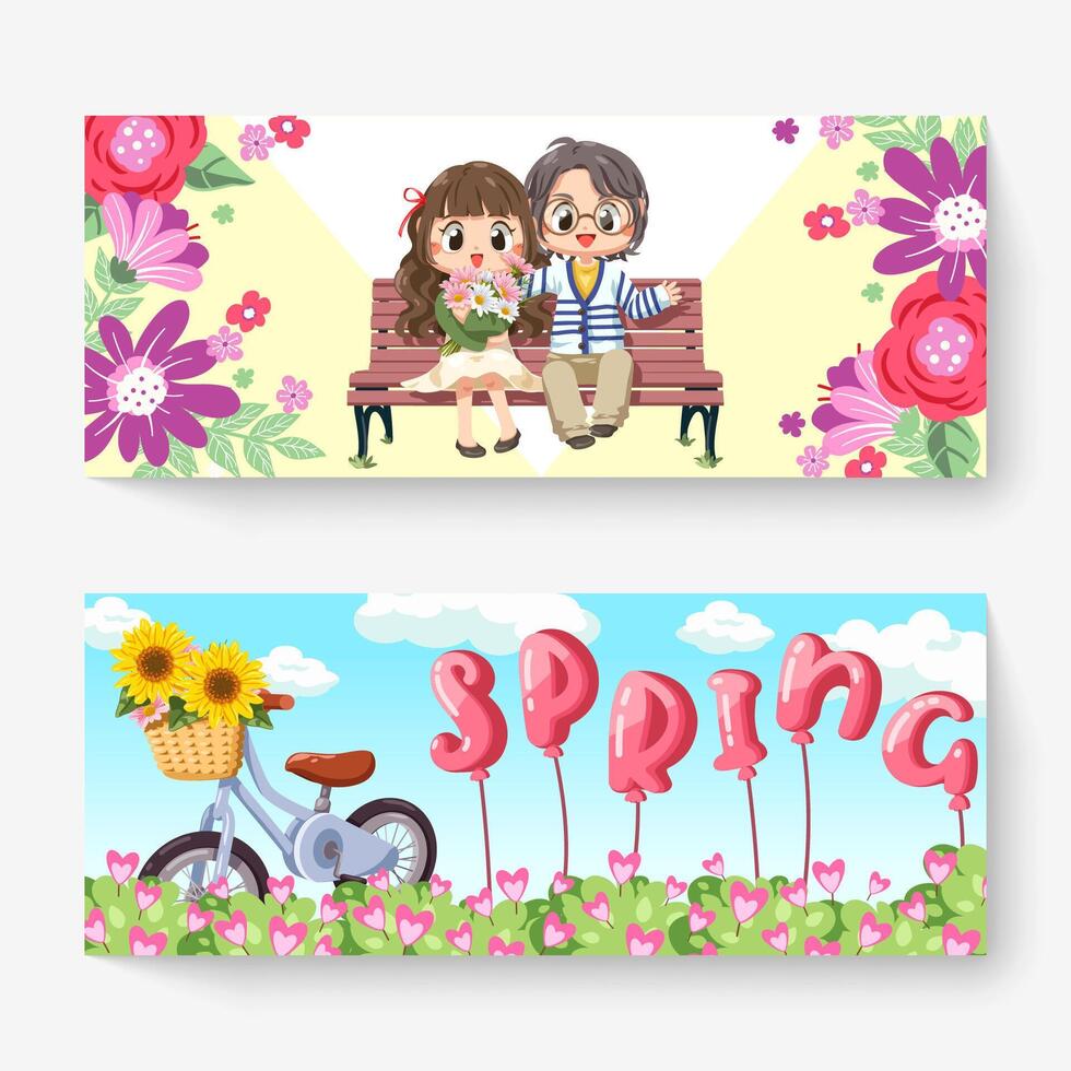 dulce pareja sentada en la ilustración de vector de banco. flores florecientes al aire libre estilo plano. pareja sentada en un banco. fondo de primavera.