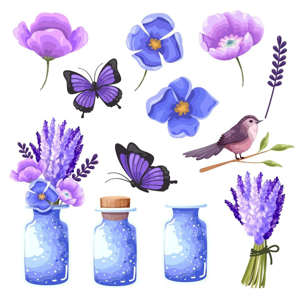Big Set watercolor elements - butterfly, birds, flowers, jars, leaves. collection of vector elements. illustration isolated on white background. Botanic.