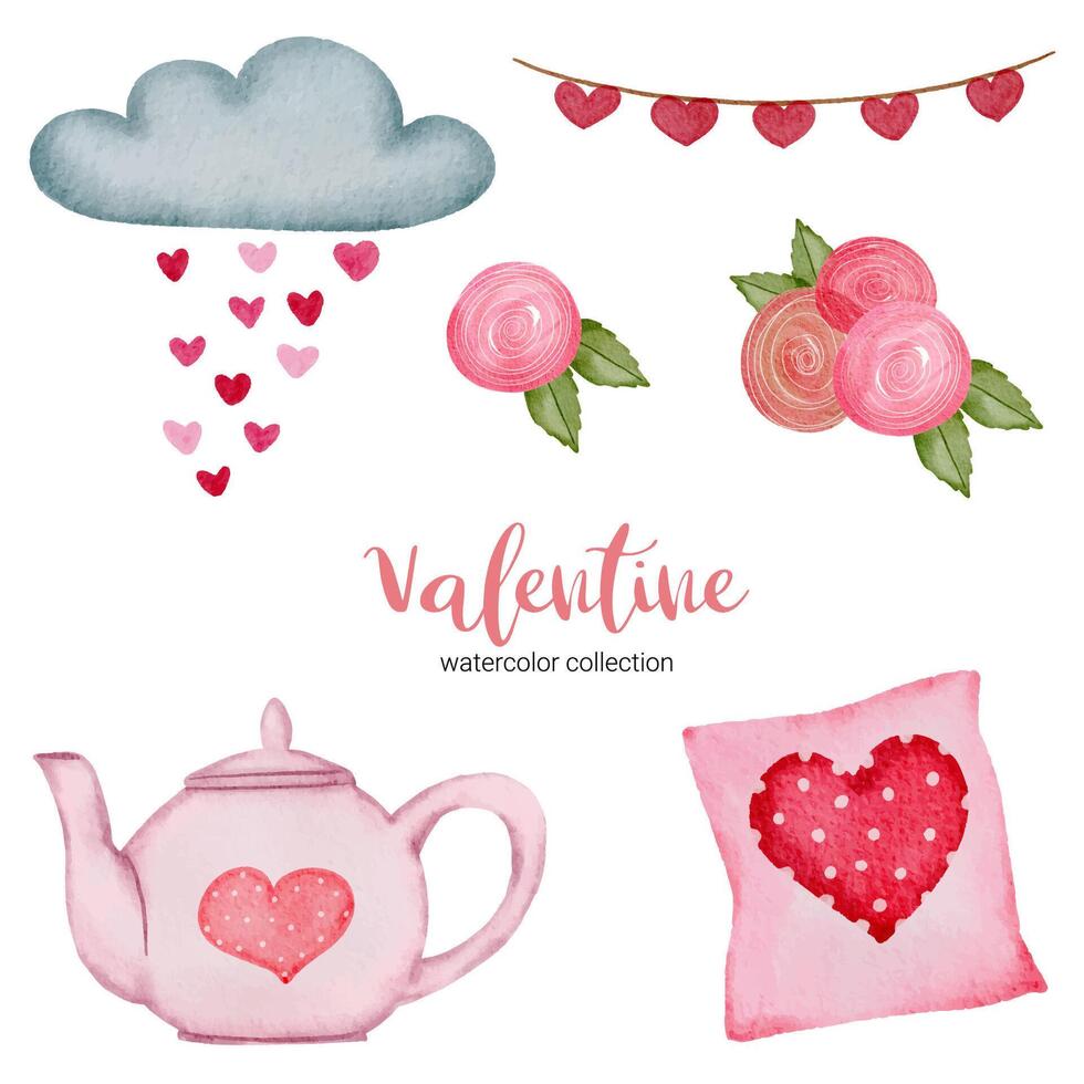 Valentines Day set elements pillow, cloud, rose and more. Template for Sticker kit, Greeting, Congratulations, Invitations, Planners. Vector illustration