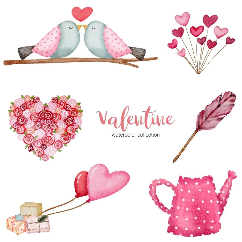 Valentines Day set elements gifts, birds, heart and more. Template for Sticker kit, Greeting, Congratulations, Invitations, Planners. Vector illustration