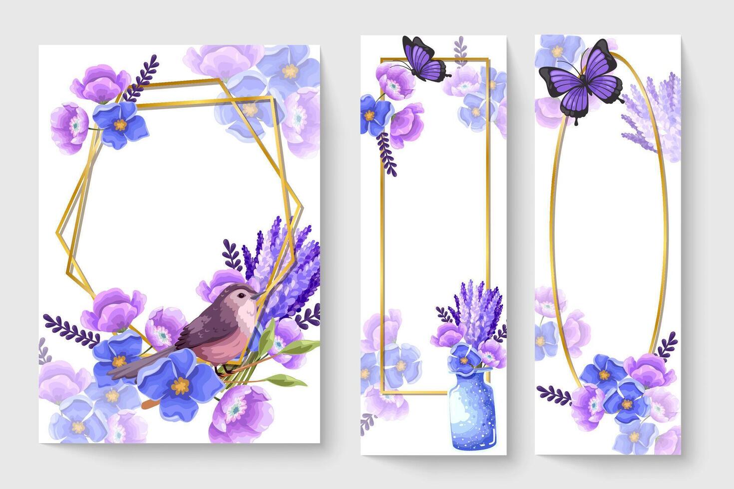 tarjeta botánica con flores púrpuras, hojas, pájaro. concepto de adorno de primavera. cartel floral, invitar. diseño vectorial tarjeta de felicitación decorativa o fondo de diseño de invitación. ilustración dibujada a mano vector