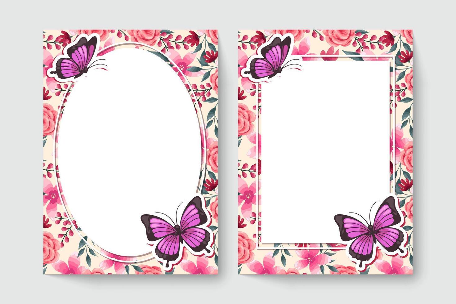 tarjeta botánica con flores de color rosa, hojas, mariposa. concepto de adorno de primavera. cartel floral, invitar. diseño vectorial tarjeta de felicitación decorativa o fondo de diseño de invitación. ilustración dibujada a mano vector