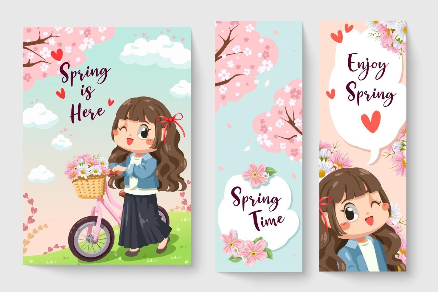 dulce niña montando una bicicleta en la ilustración de tema de primavera para obras de arte de moda para niños, libros para niños, impresiones, gráfico de camisetas. vector