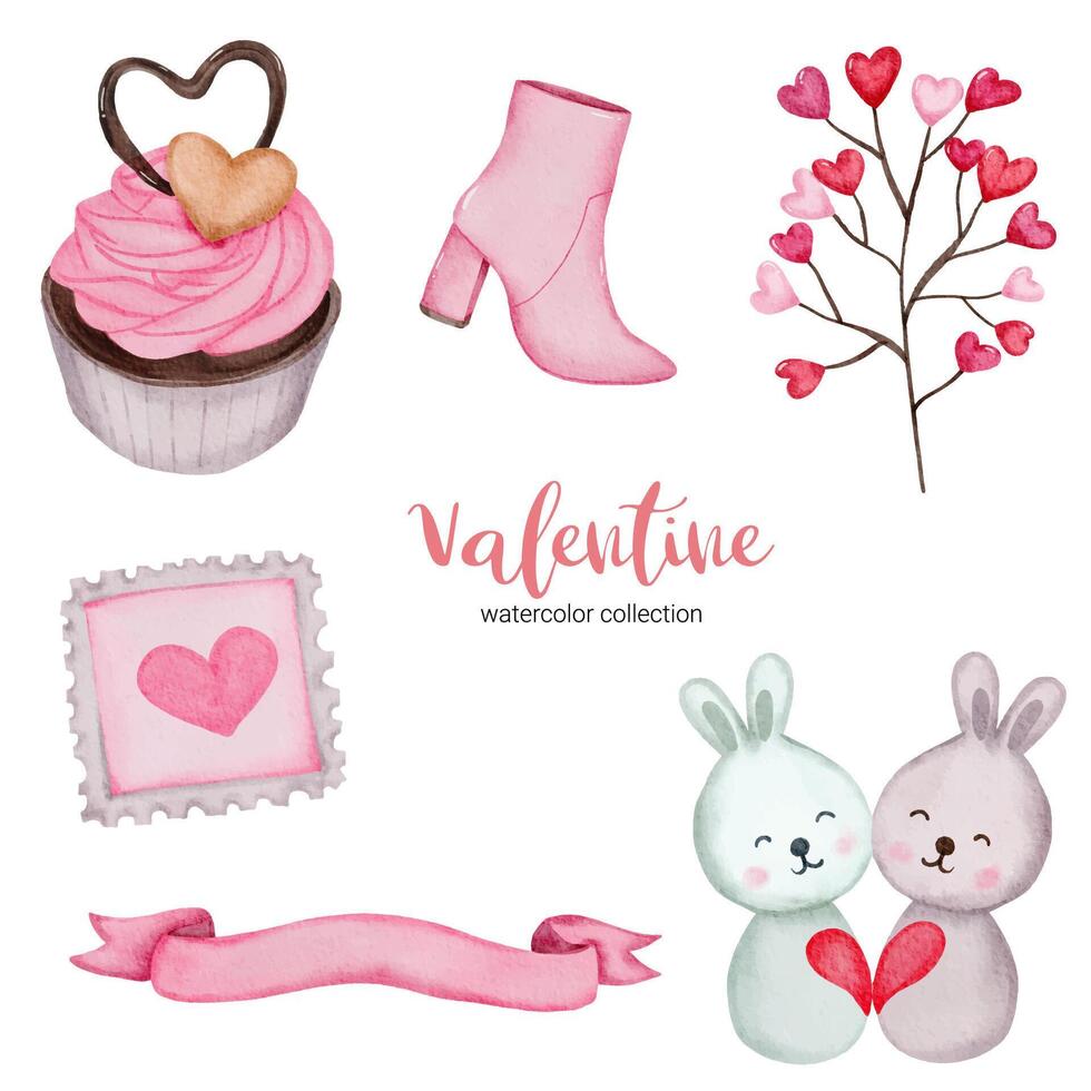 Día de San Valentín establece elementos pastel de taza, cinta, almohada y más. plantilla para kit de pegatinas, saludo, felicitaciones, invitaciones, planificadores. ilustración vectorial vector