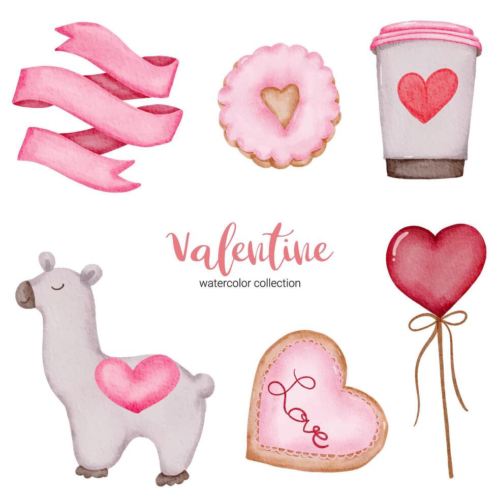 Día de San Valentín establece elementos dulces, taza de café, globos y más. plantilla para kit de pegatinas, saludo, felicitaciones, invitaciones, planificadores. ilustración vectorial vector