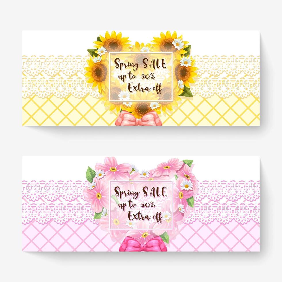 Set of spring sale banner template with colorful sunflower, and ribbon. Can be use voucher, wallpaper,flyers, invitation, posters, brochure, coupon discount. vector