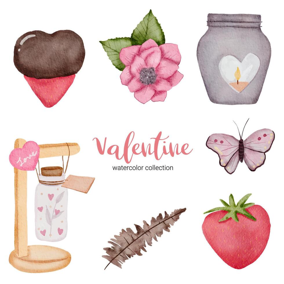 día de San Valentín con elementos de amor, corazón, flores, caligrafía, tarro, mariposa y etc. plantilla para kit de pegatinas, saludo, felicitaciones, invitaciones, planificadores. ilustración vectorial vector