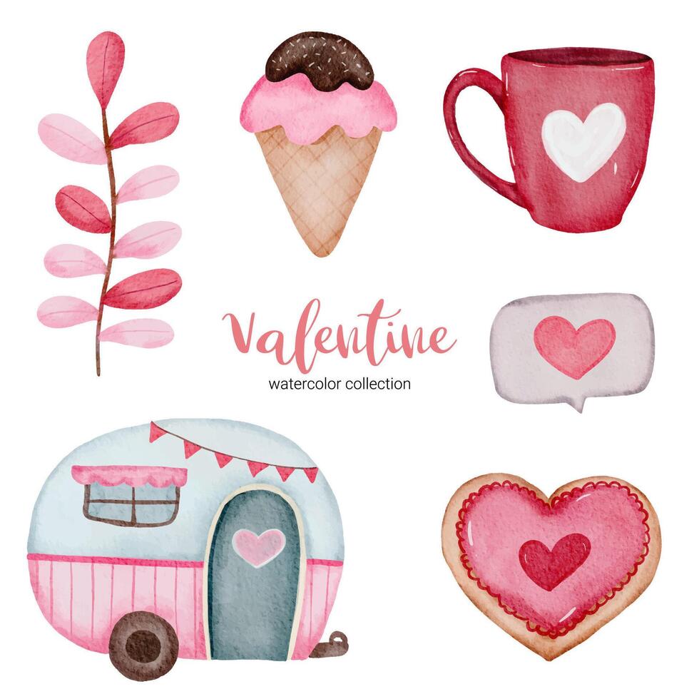 Valentines Day set elements ice cream, coffee cup, house and more. Template for Sticker kit, Greeting, Congratulations, Invitations, Planners. Vector illustration