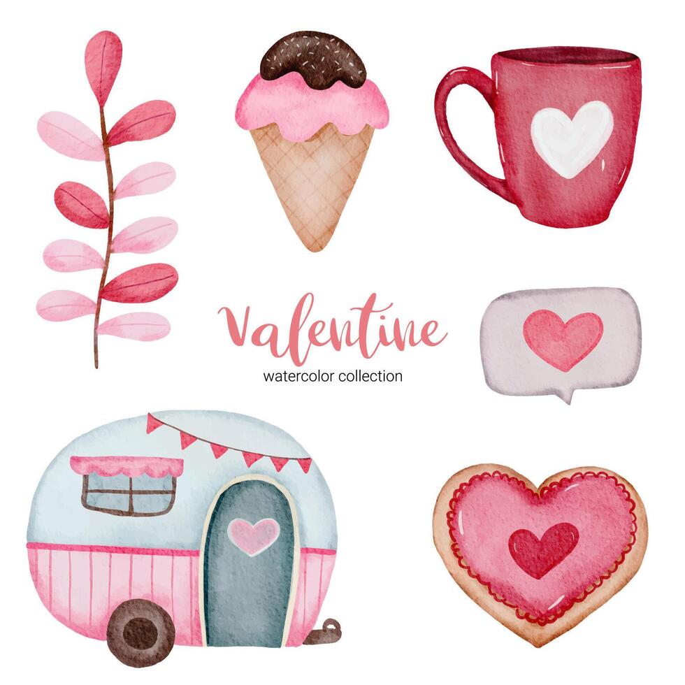 Valentines Day set elements ice cream, coffee cup, house and more. Template for Sticker kit, Greeting, Congratulations, Invitations, Planners. Vector illustration