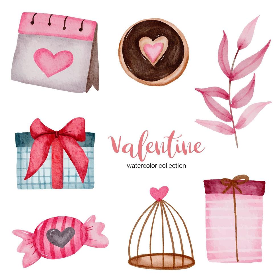 Valentines Day set elements calendar, gifts, leaves and more. Template for Sticker kit, Greeting, Congratulations, Invitations, Planners. Vector illustration