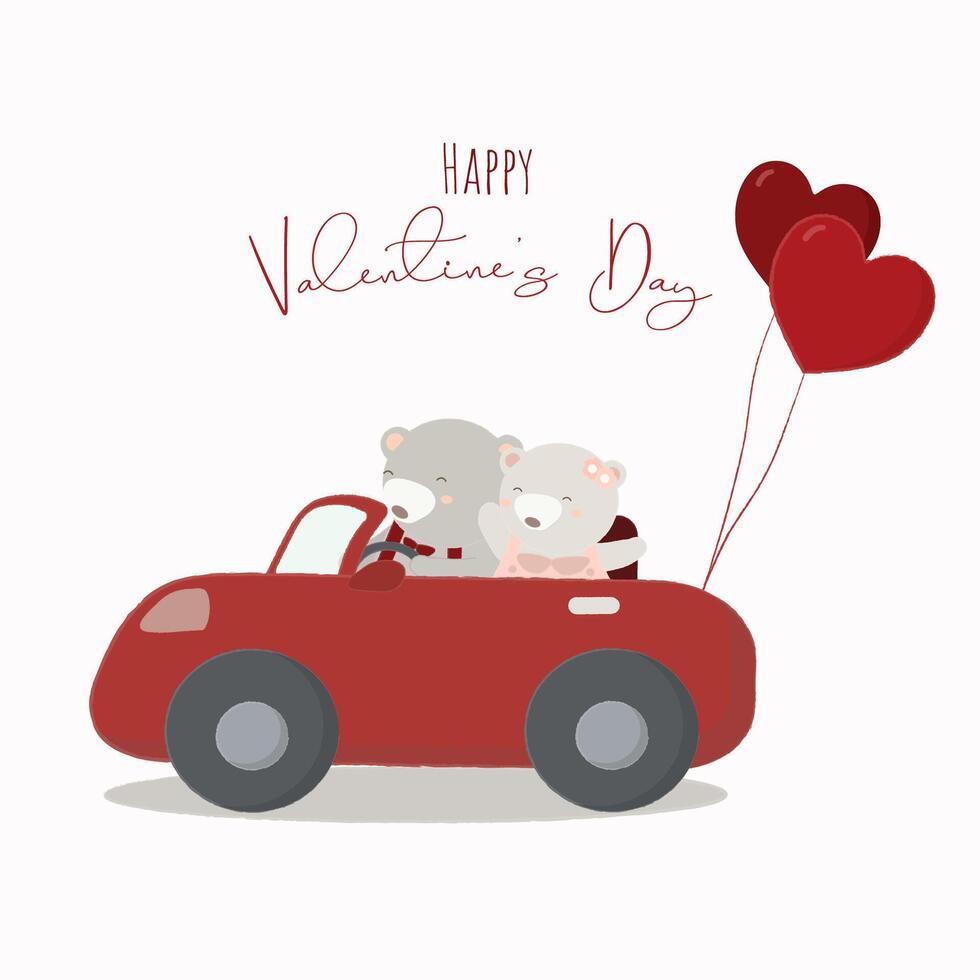 The character of cute animal driving a car with heart balloon in flat vector style. Illustration about love and valentin's day.