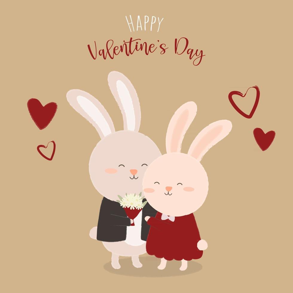 A couple of rabbits huggs each other also holding a flower.. Happy Valentine's day greeting card used for print design, banner, poster, flyer template vector